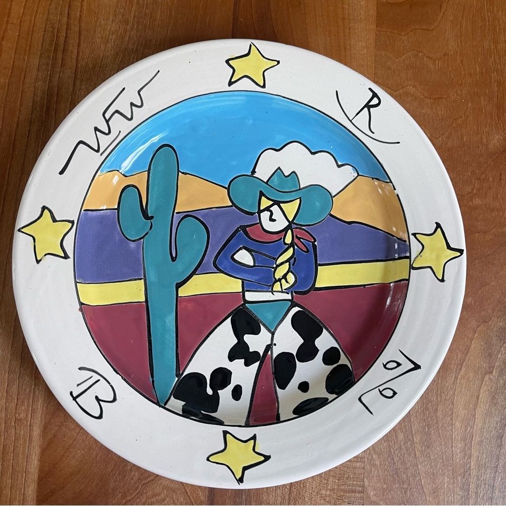 Vintage 90s WW Western Studio Pottery Handmade Cowgirl Blonde 9” Plate Signed